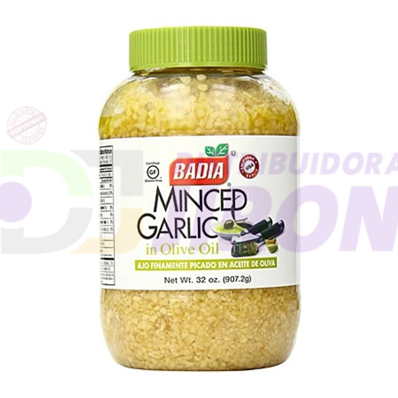 Minced Garlic in Olive Oil. Badia 32 oz. Distribuidora Jirón