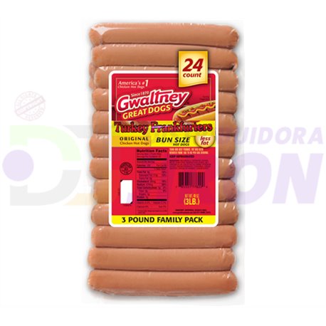 Gwaltney Hot Dog. 48 oz. - 3 Lbs. Turkey. 24 Count.